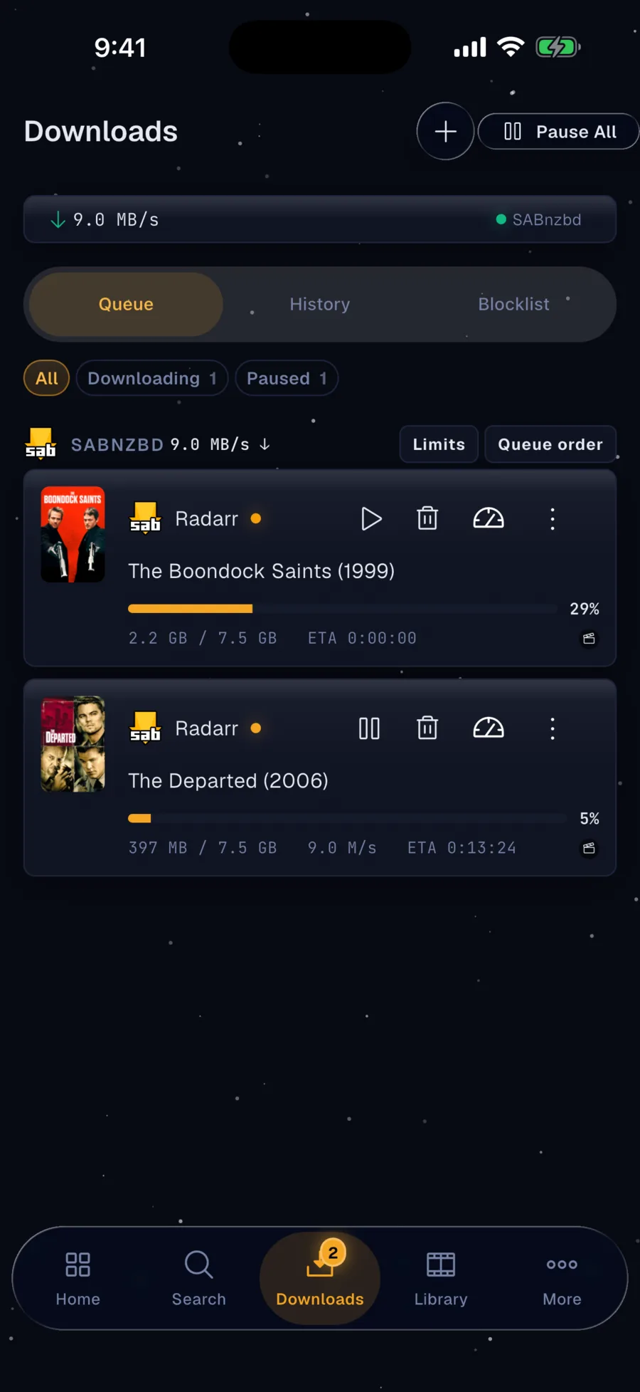 Blended download queue with pause, retry, and history across SABnzbd, NZBGet, and arr grabs.