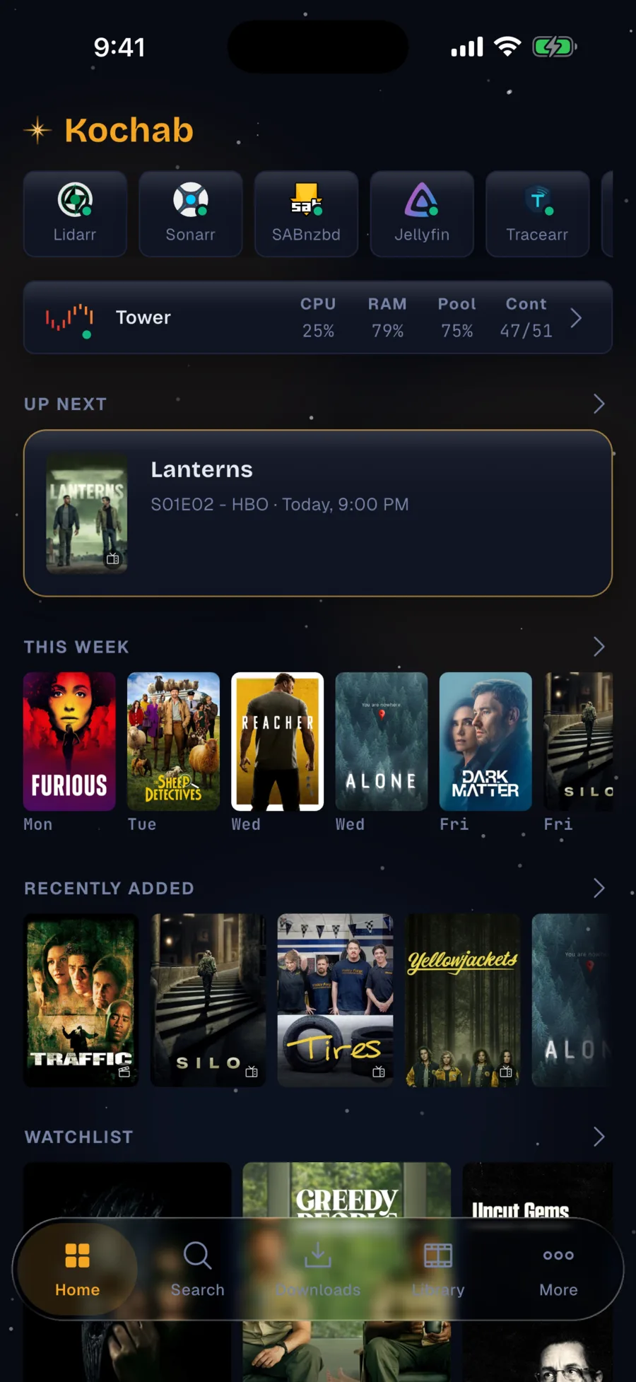 Kochab home: service health, active downloads, now playing, and upcoming releases.