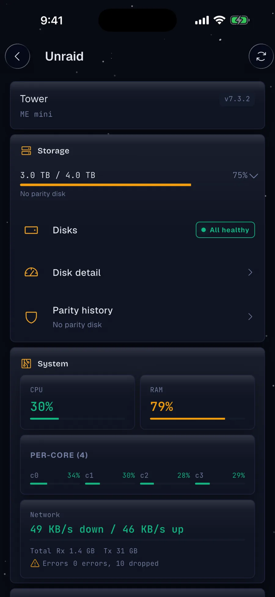 Host dashboard with storage array, disk temperatures, system load, and Docker container controls for Unraid, TrueNAS, and Synology.