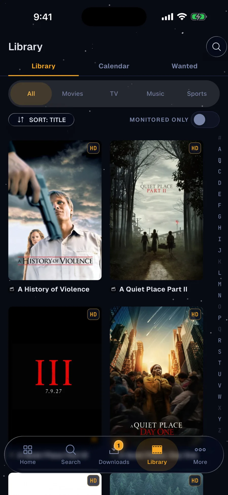 Library grid with posters, monitored status, and Library, Calendar, and Wanted tabs.